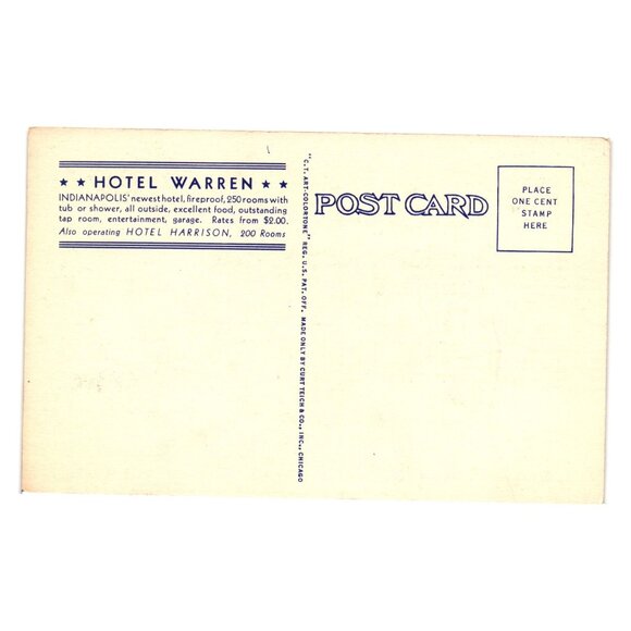 Hotel Warren Indianapolis Vintage Linen Postcard Fireproof Building Art Travel - Picture 2 of 2